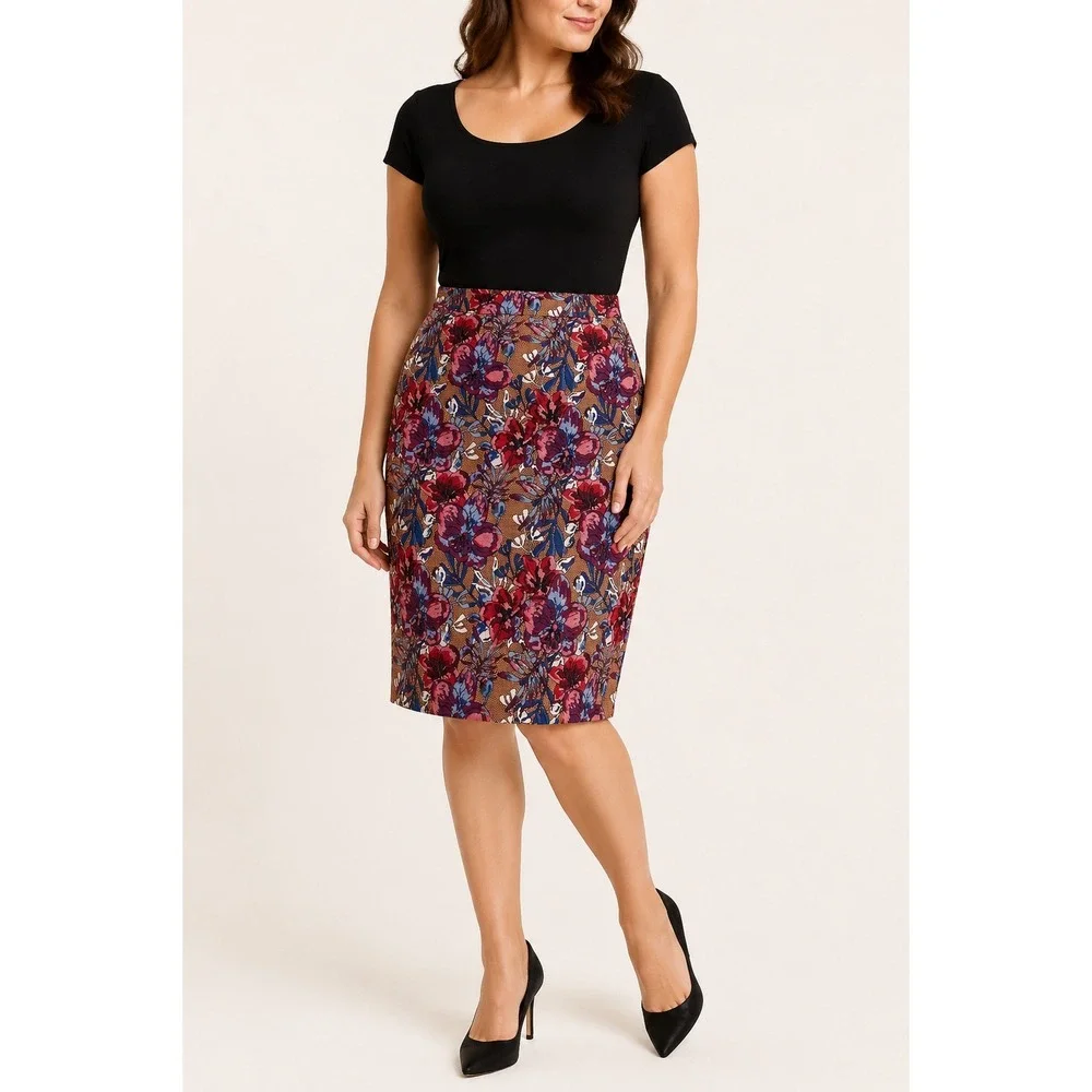 Maeve Anthropologie Floral Jacquard Pencil Skirt Burgundy Blue Orange Medium